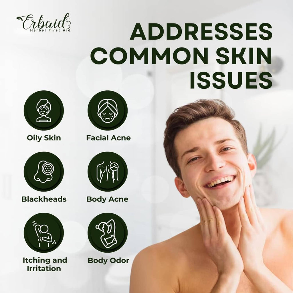 Tea tree soap bar package shown with skin issue infographic and icons