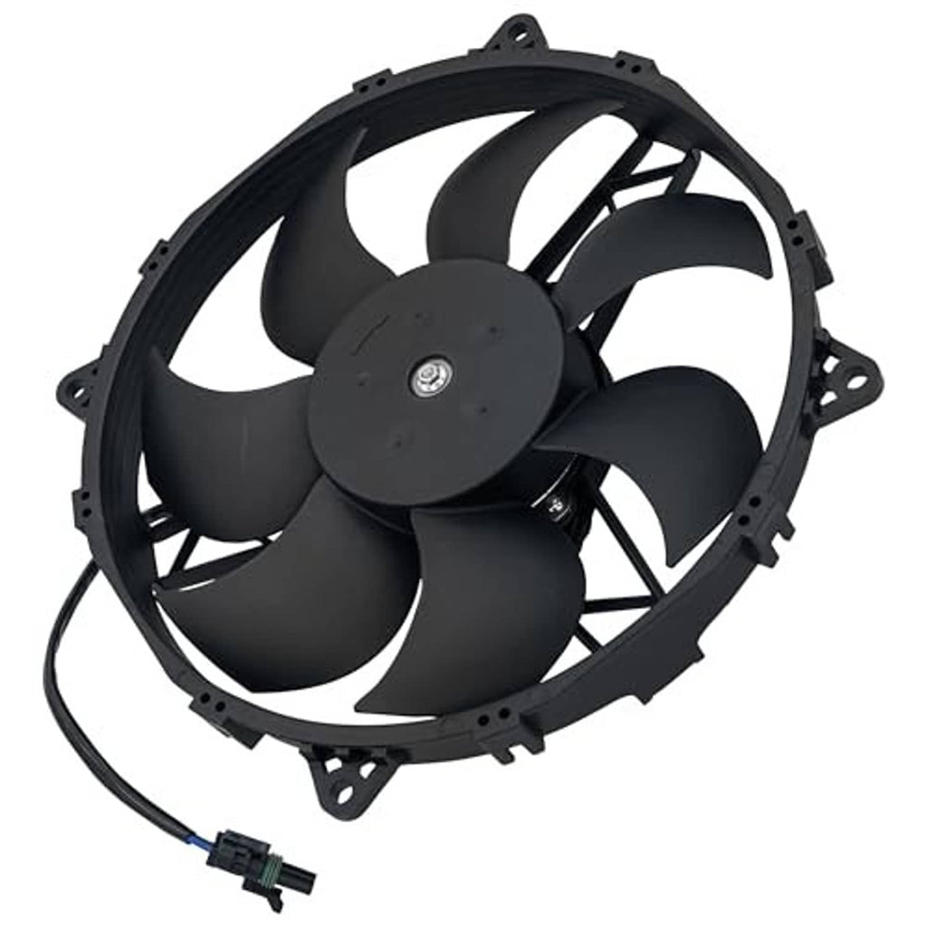 Radiator cooling fan motor assembly with fan blades, shroud ring, and wiring
