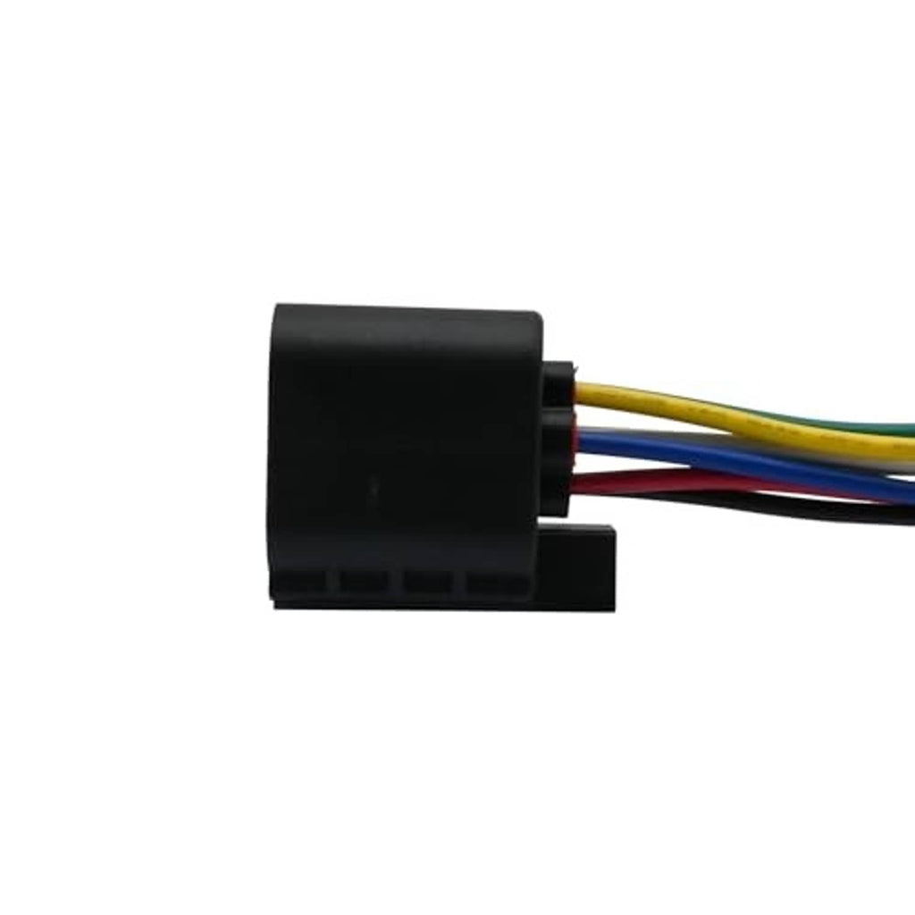 Headlight wiring harness connector rear with multi-color wire leads and black plastic housing