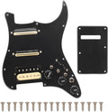 Black electric guitar pickguard with coil-splitting wiring, three pickups, and mounting screws