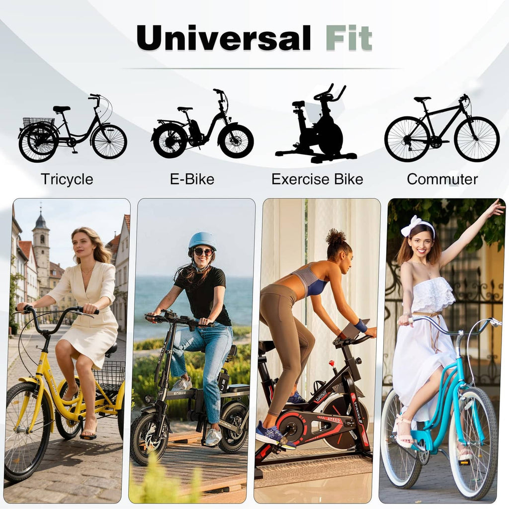 Universal-fit bike saddle with backrest shown on multiple bicycle types