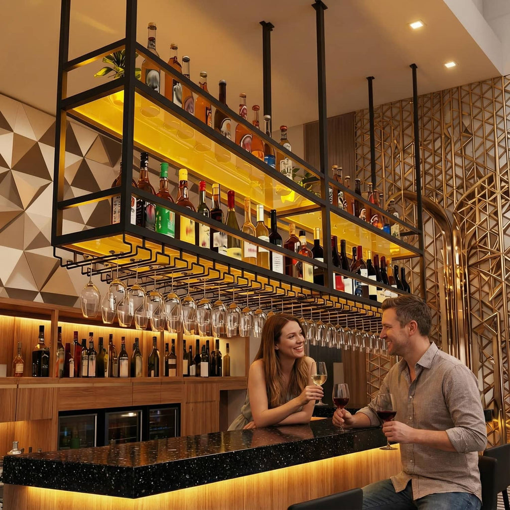 Ceiling wine glass rack with acrylic shelves and light strip, holding bottles and wine glasses