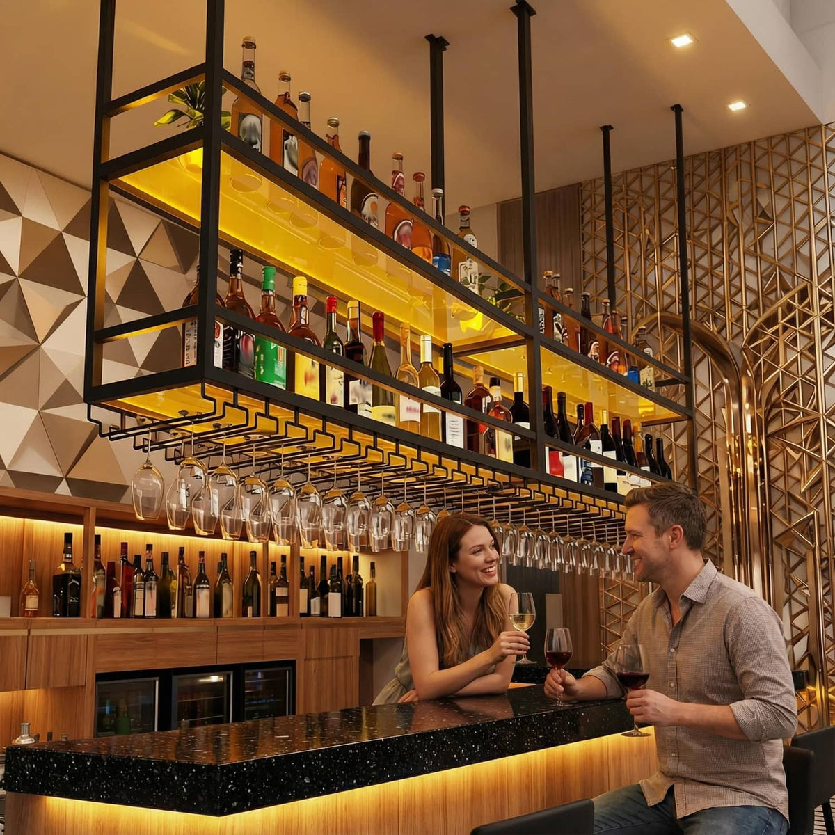 Ceiling wine glass rack with acrylic shelves and light strip, holding bottles and wine glasses
