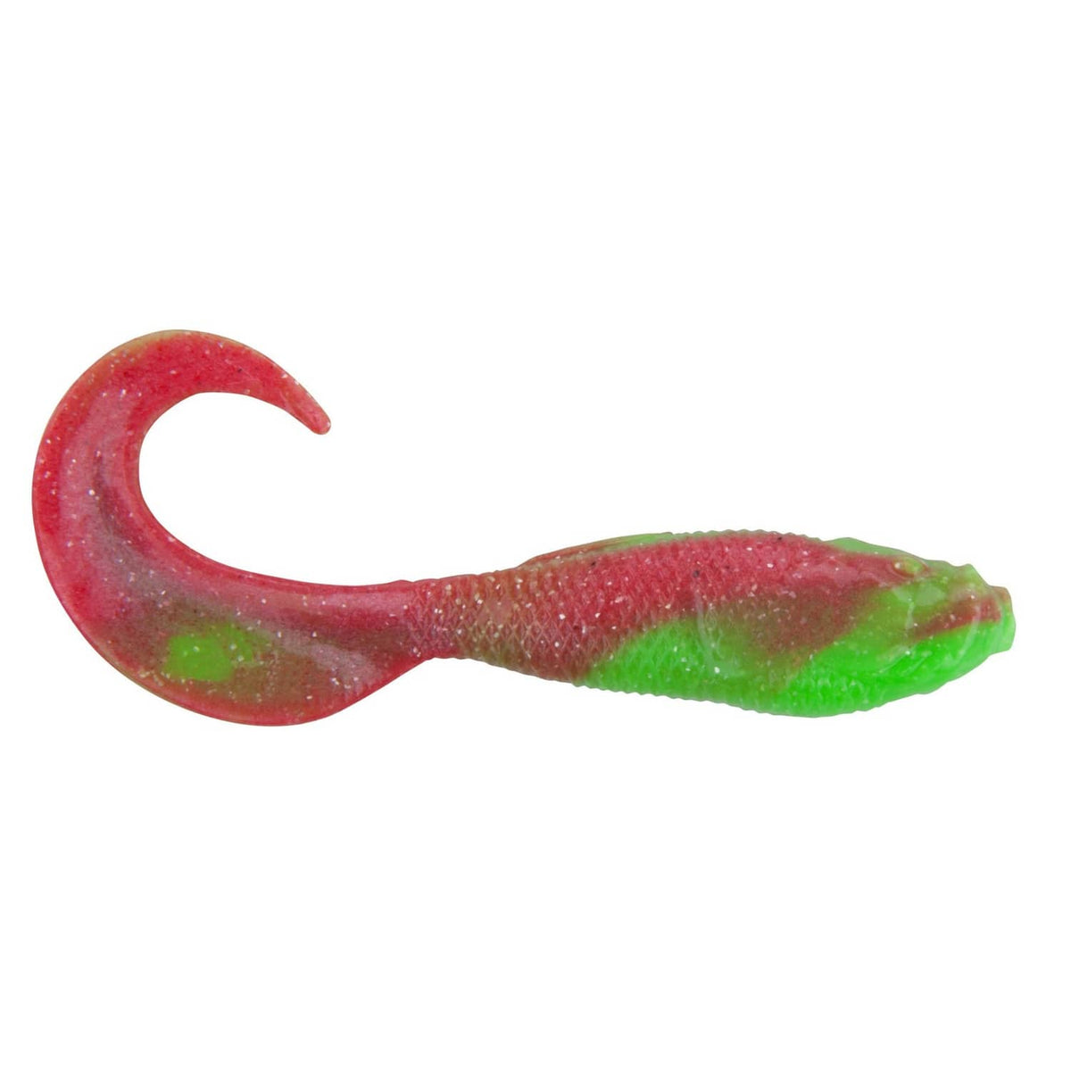 Soft fishing bait, red and green curled worm with textured body
