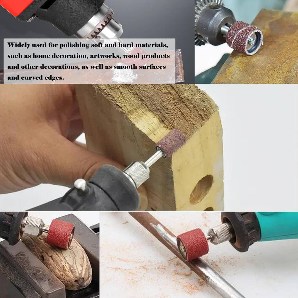 Maroon sanding drum polishing wood and metal edges on a handheld rotary tool