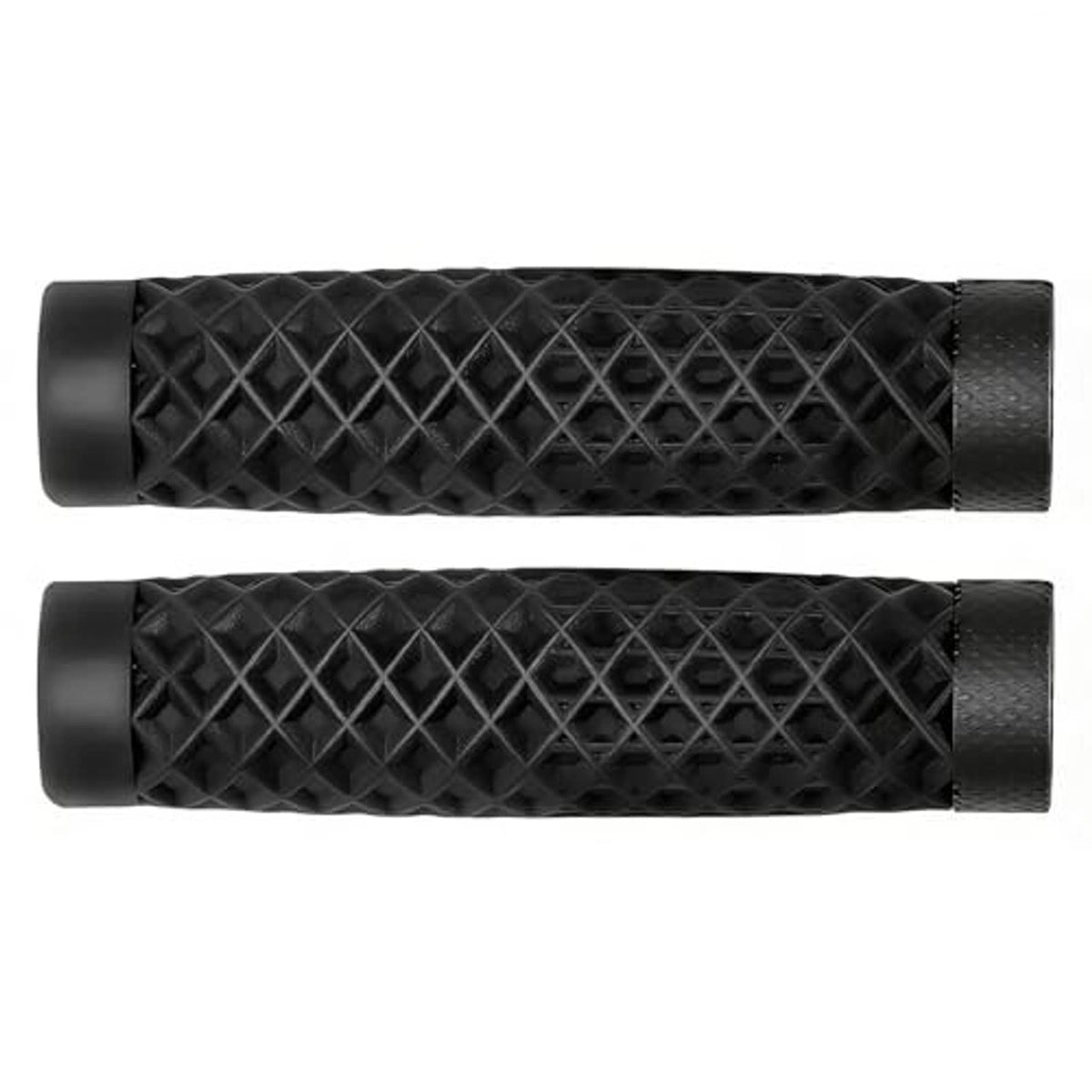Two black handlebar grips, diamond-pattern textured rubber with black end caps