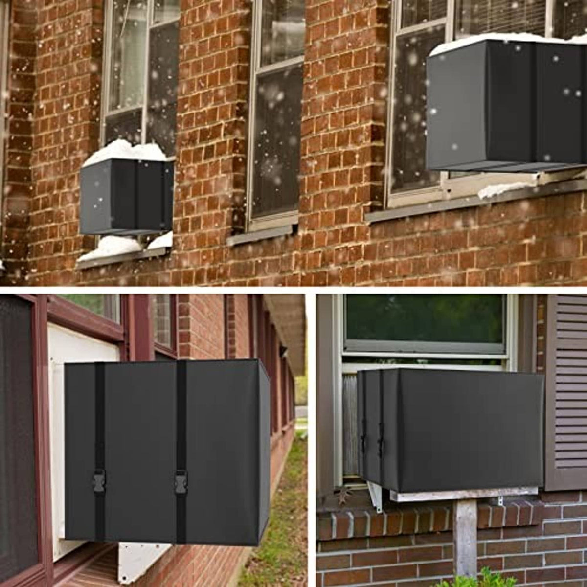 Window air conditioner cover, dark black fabric fitted over the unit outdoors.