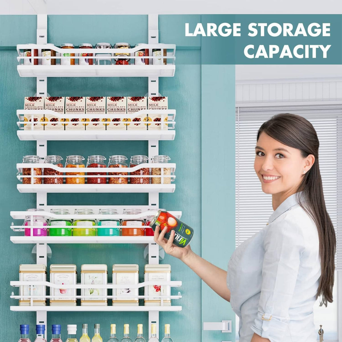 White 9-tier over-the-door pantry organizer holding food jars and spice bottles