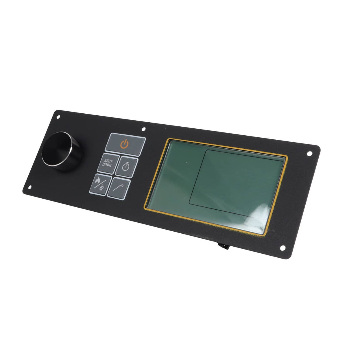 Pellet grill control board with black panel, LCD screen, control dial, and keypad