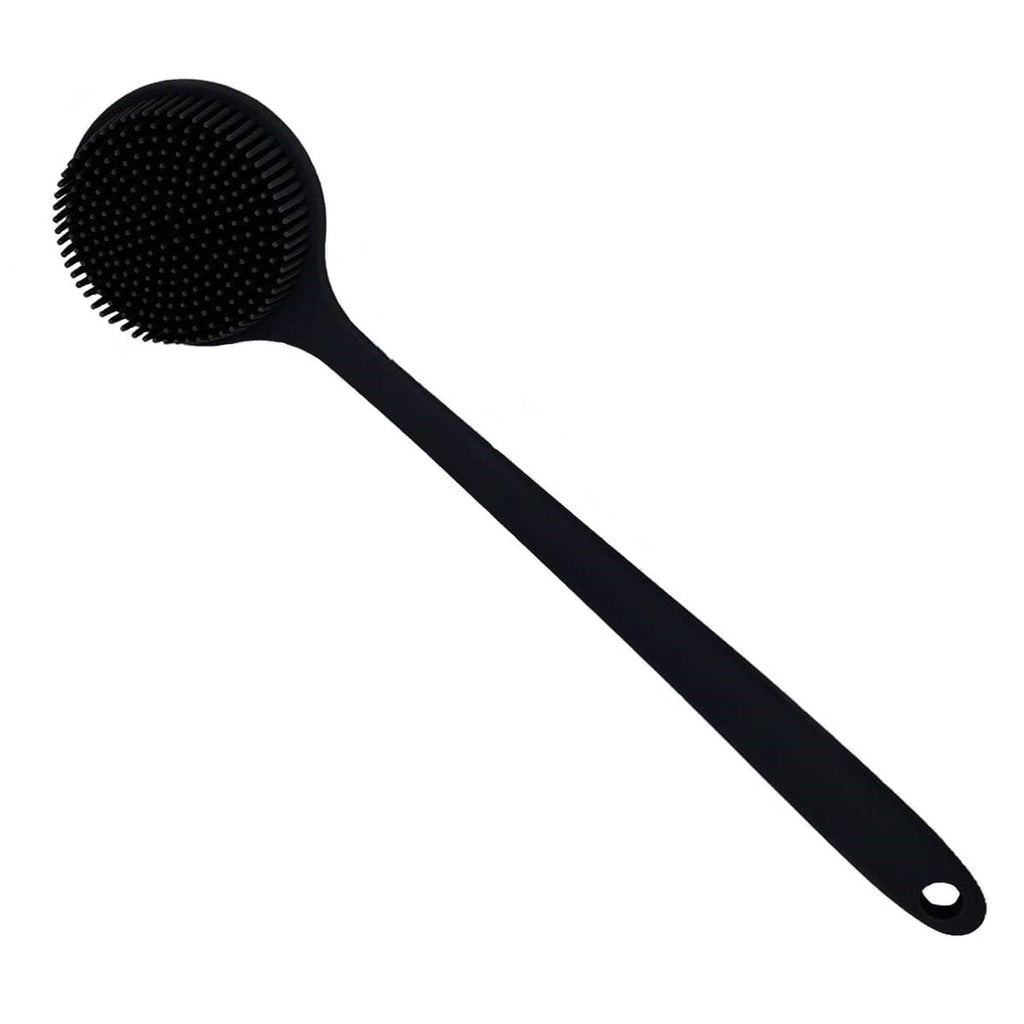 Close-up black silicone back scrubber head with long handle.