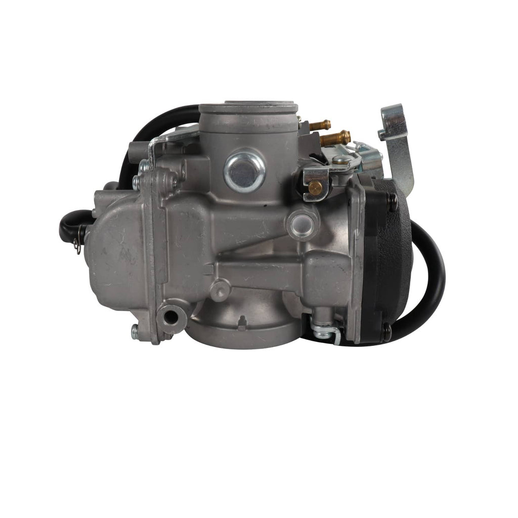 Carburetor assembly with single large round body, black hoses, and gold fittings