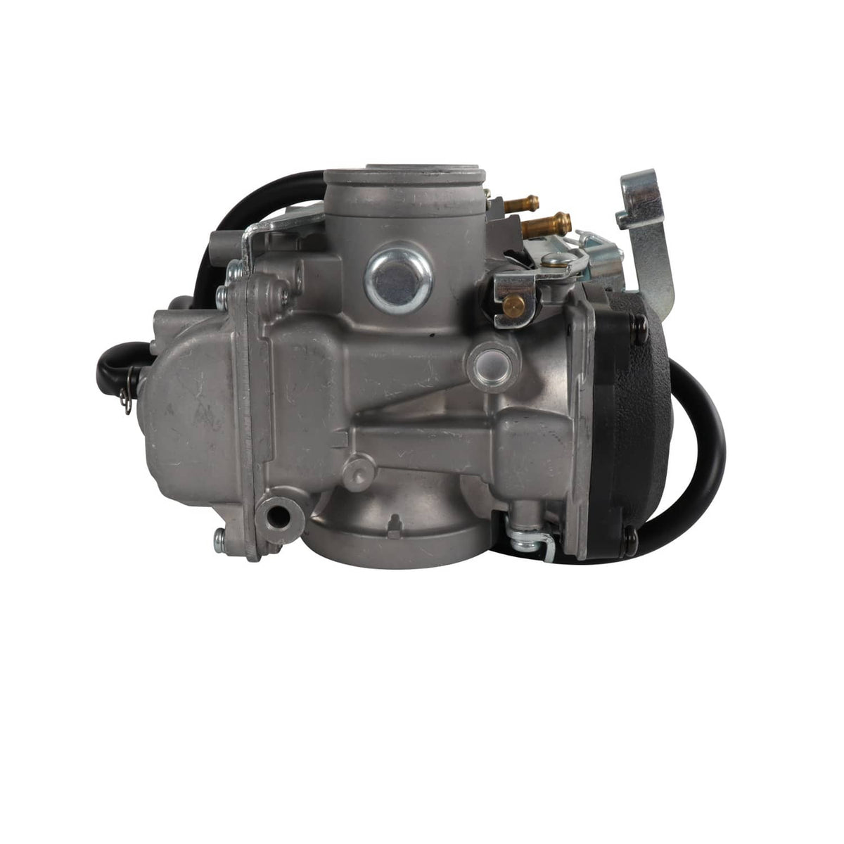 Carburetor assembly with single large round body, black hoses, and gold fittings