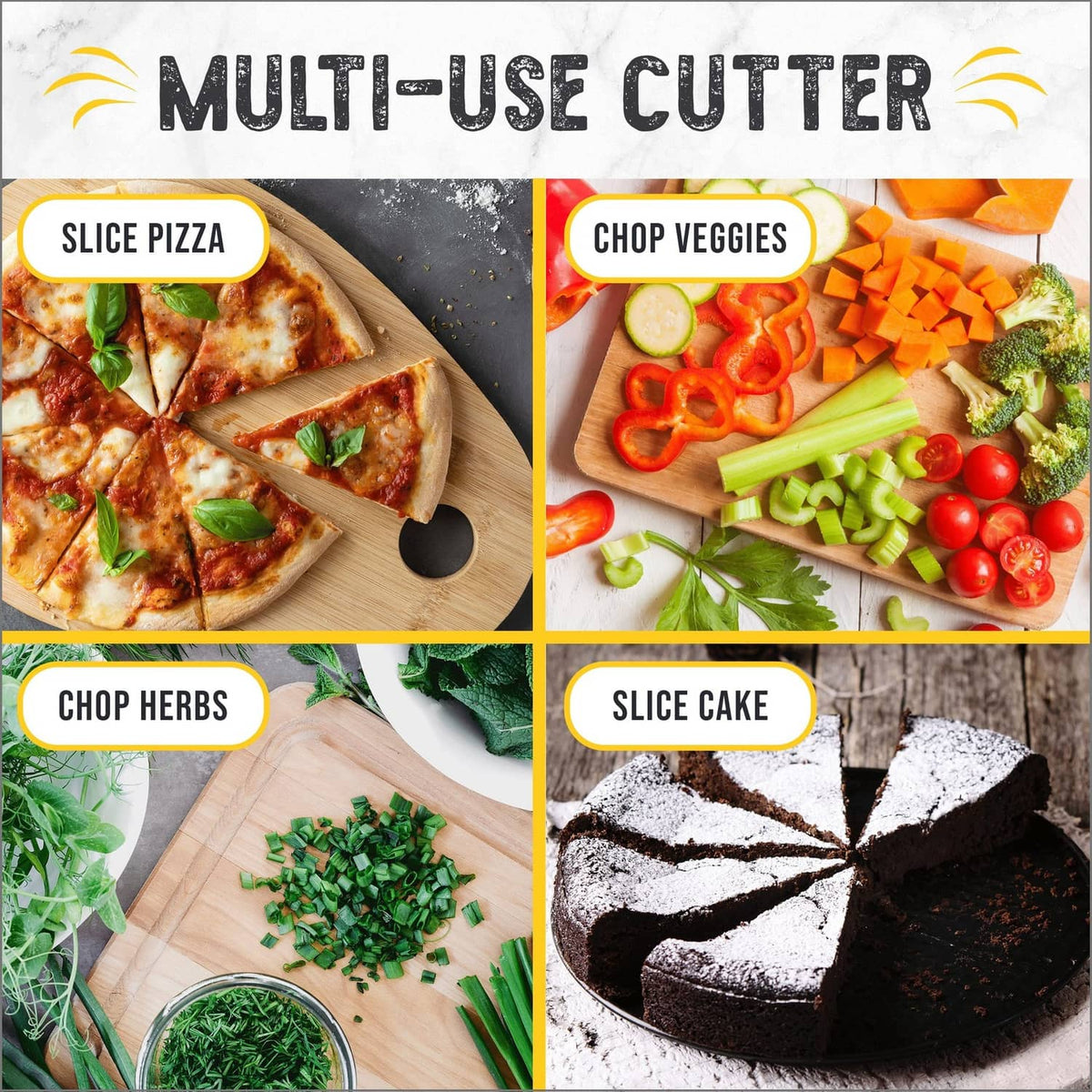 Stainless multi-use rocker cutter for slicing pizza, veggies, herbs, and cake