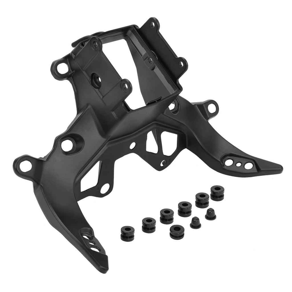 Black motorcycle front fairing stay bracket with bolt pack and side mounting points
