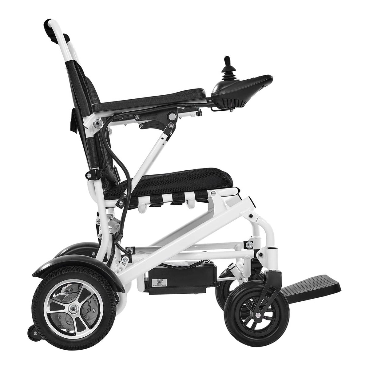 Electric foldable wheelchair side view with black seat, footrests, and white frame