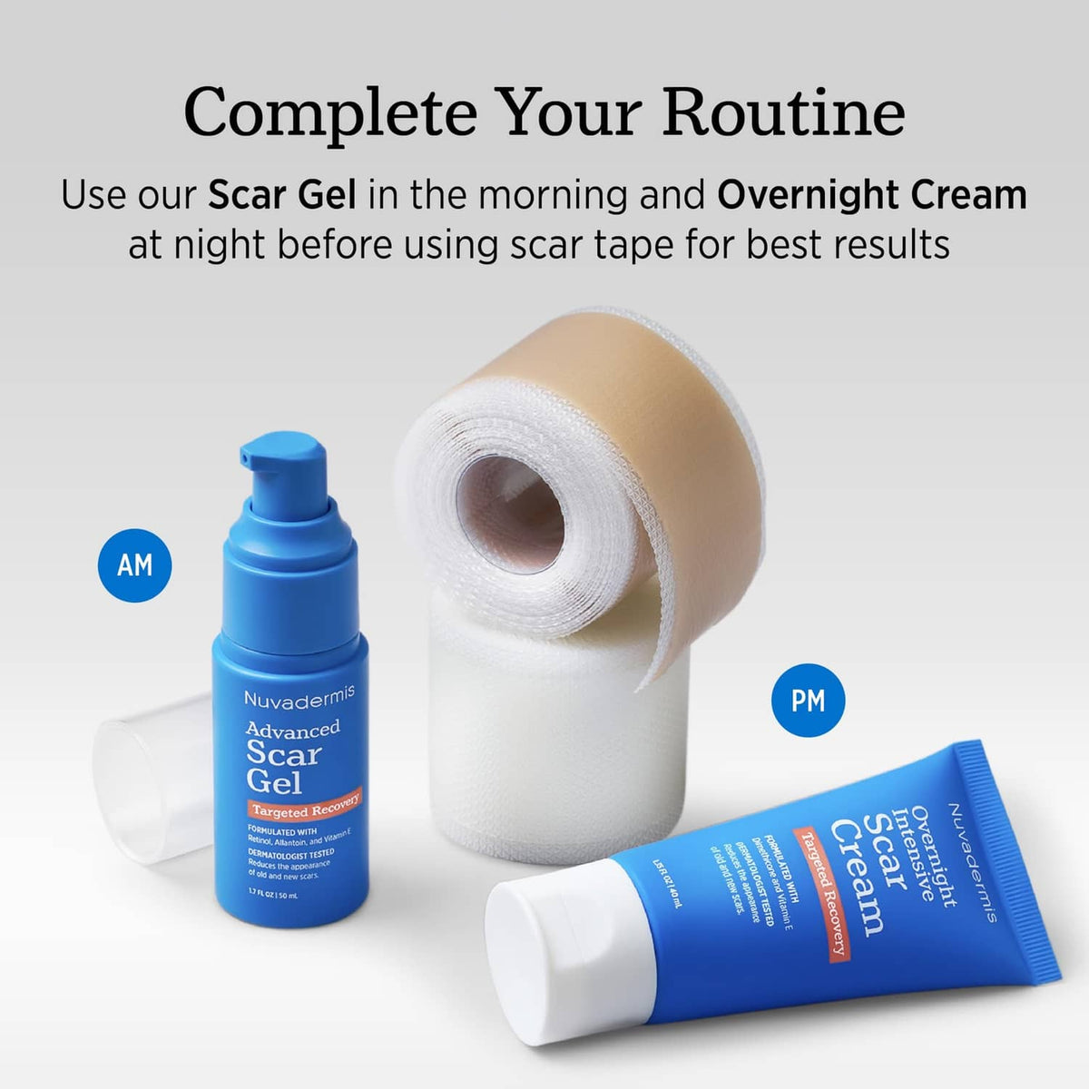 Silicone scar tape roll with scar gel and overnight cream bottles