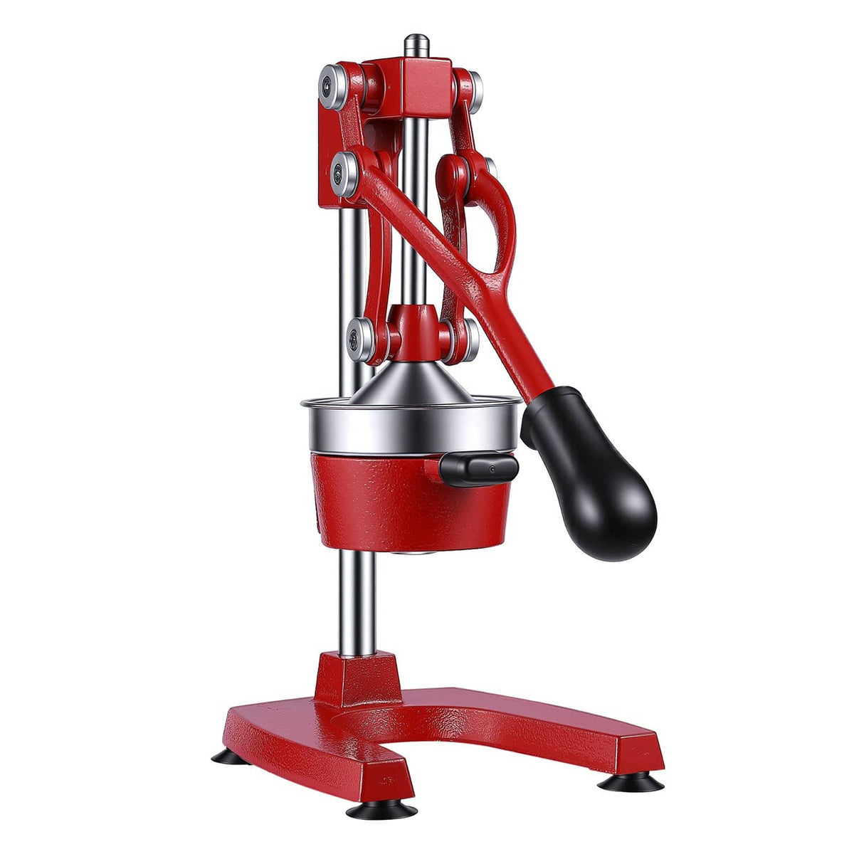 Red manual citrus juicer with stainless press cup and long lever handle on base