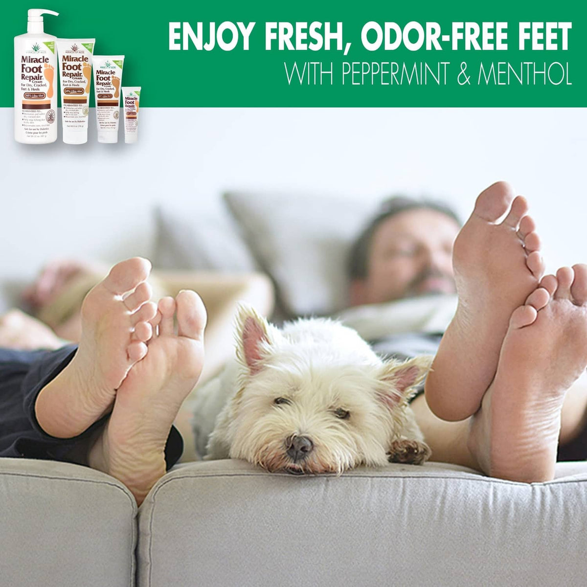 Foot repair cream with bare feet on sofa near a small dog