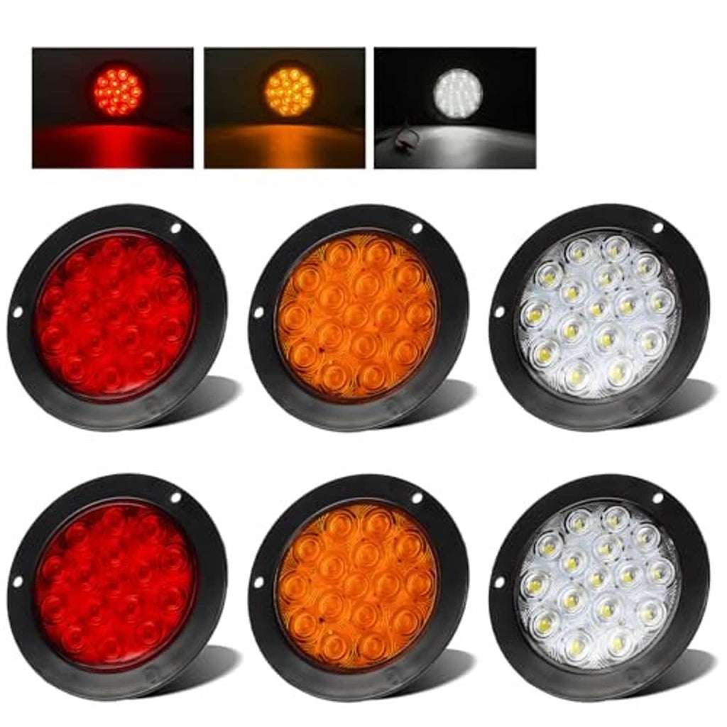 6-pack round LED trailer tail lights illuminated: red, amber, and white lenses in black housings