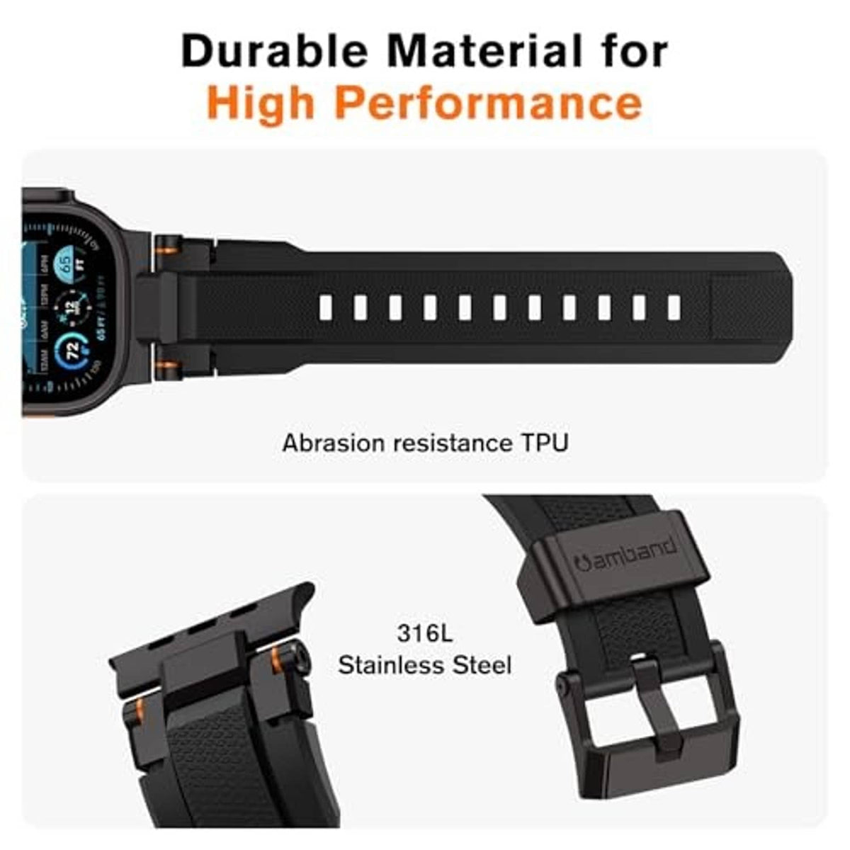 Black TPU rugged watch band with stainless steel pins and quick-release lugs