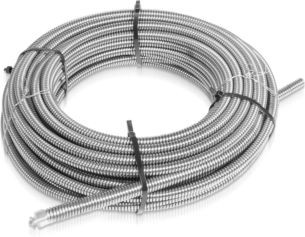 Coiled 3/8 in drain cleaning cable with metal outer sheath and spade end
