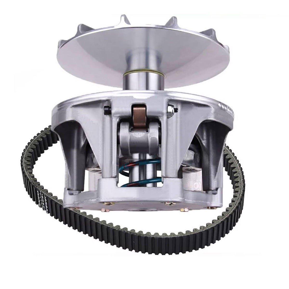 Primary drive clutch assembly, top view with silver housing and black belt