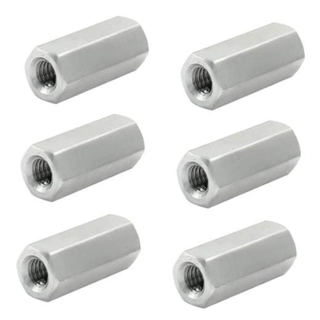 Set of six silver M6 hex coupling nuts, 25mm long, with internal threaded hole