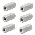 Set of six silver M6 hex coupling nuts, 25mm long, with internal threaded hole