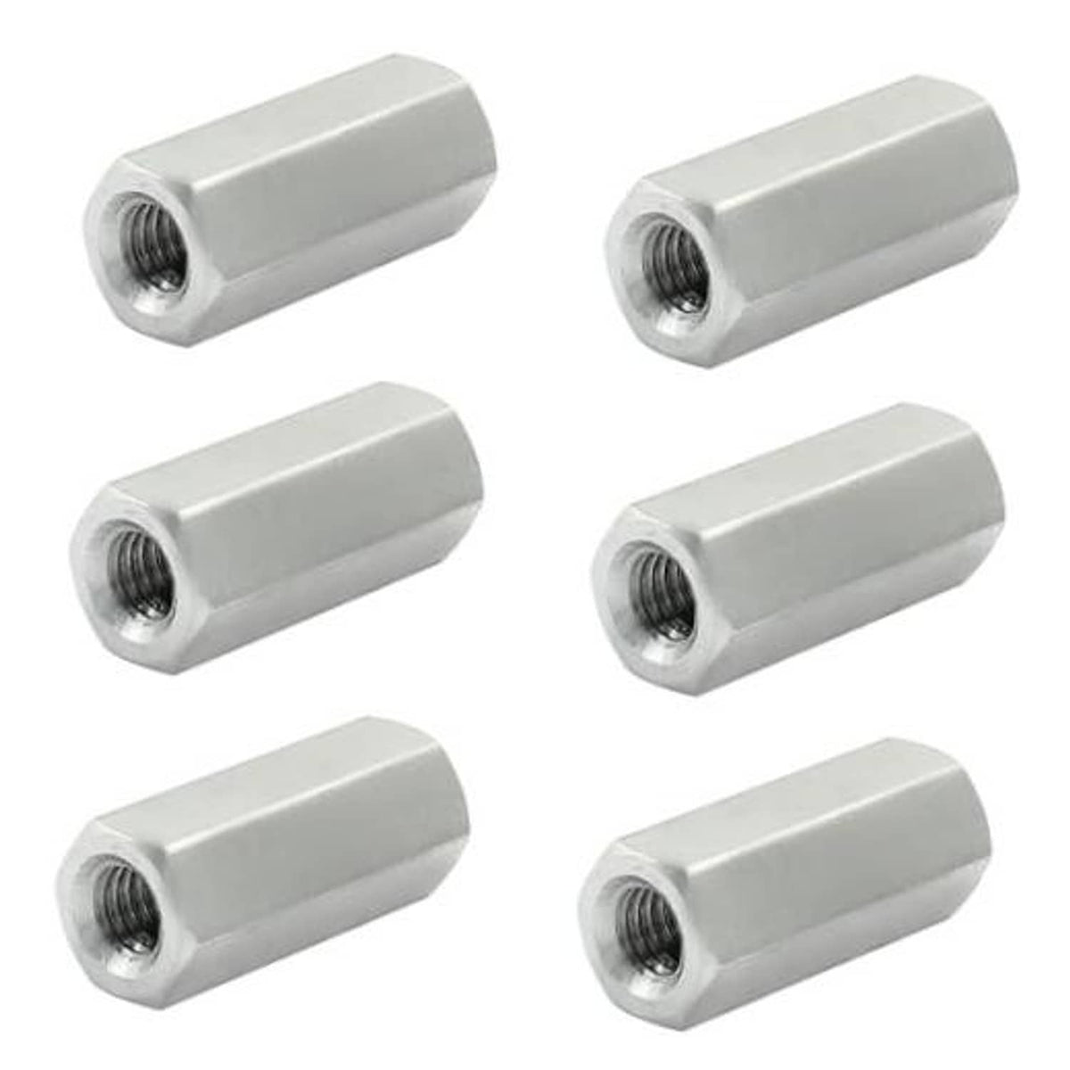 Set of six silver M6 hex coupling nuts, 25mm long, with internal threaded hole