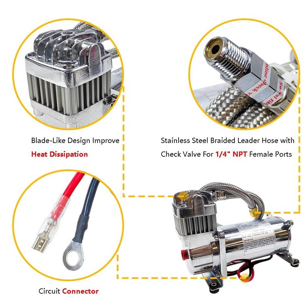 Air compressor with braided stainless hose, circuit connector, and 1/4" NPT ports