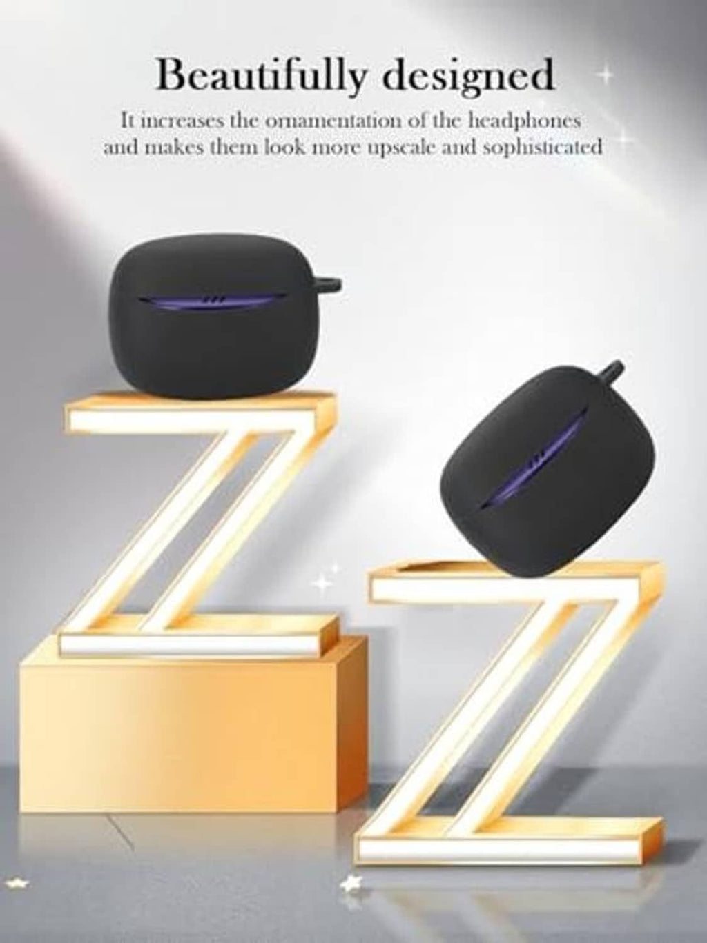 Black earbud charging case with purple indicator light and protective strap