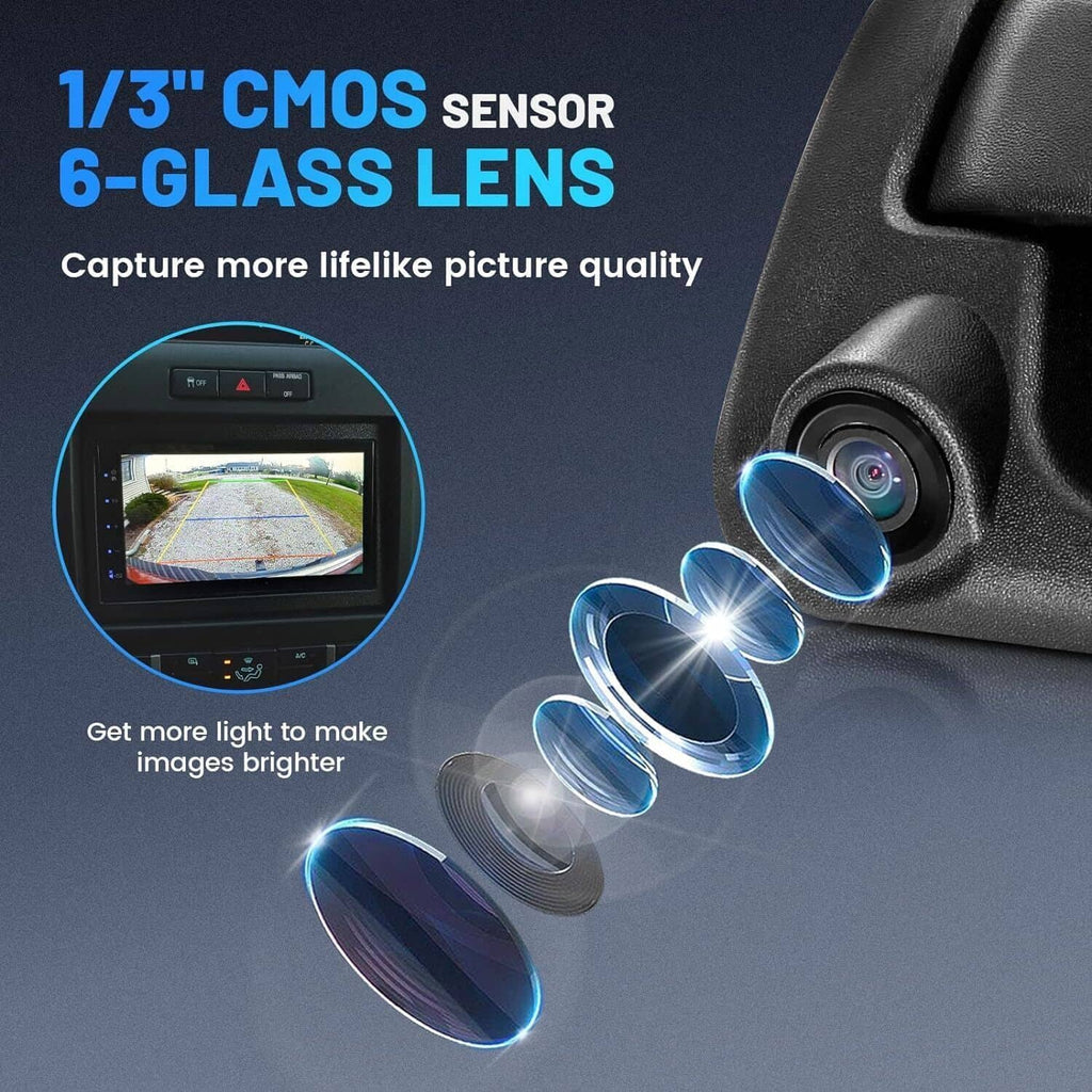 Close-up of tailgate handle backup camera lens with protective glass