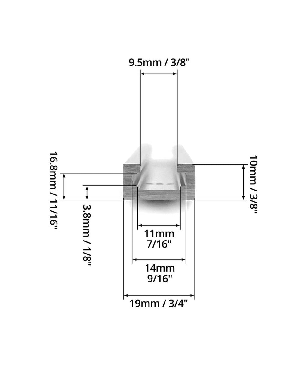 Aluminum T-track rail cross-section with side slot and groove dimensions (9.5mm, 19mm)