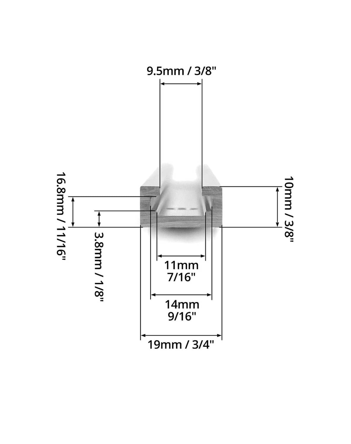 Aluminum T-track rail cross-section with side slot and groove dimensions (9.5mm, 19mm)