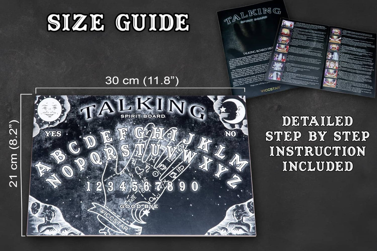 Talking spirit board with size guide; 30 cm (11.8 in), detailed steps included
