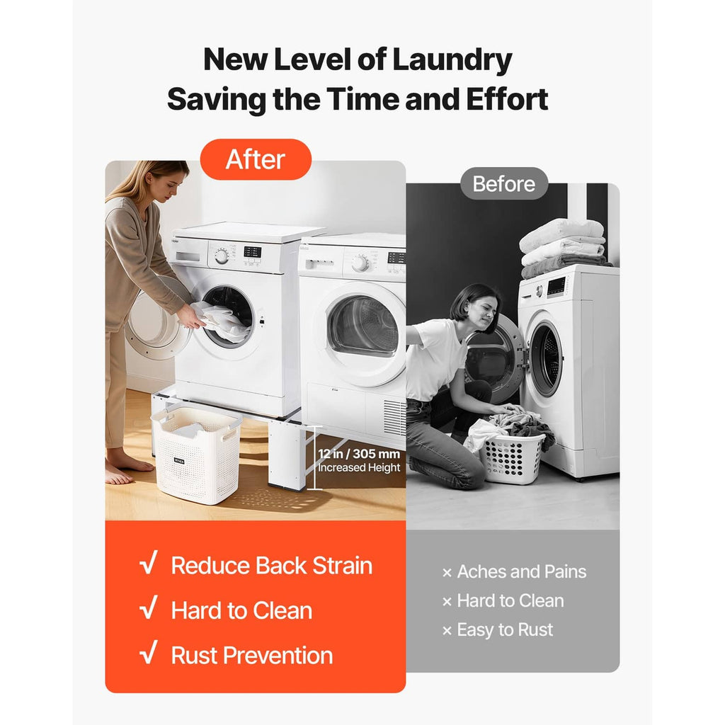 White laundry pedestal stand under stacked washers and dryers, with supporting legs