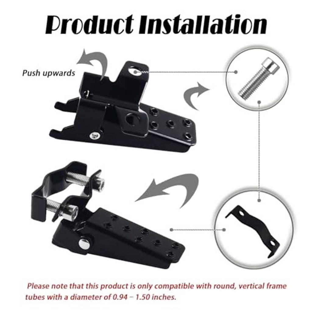 Foldable foot peg clamp installed on black mounting plate with bolts