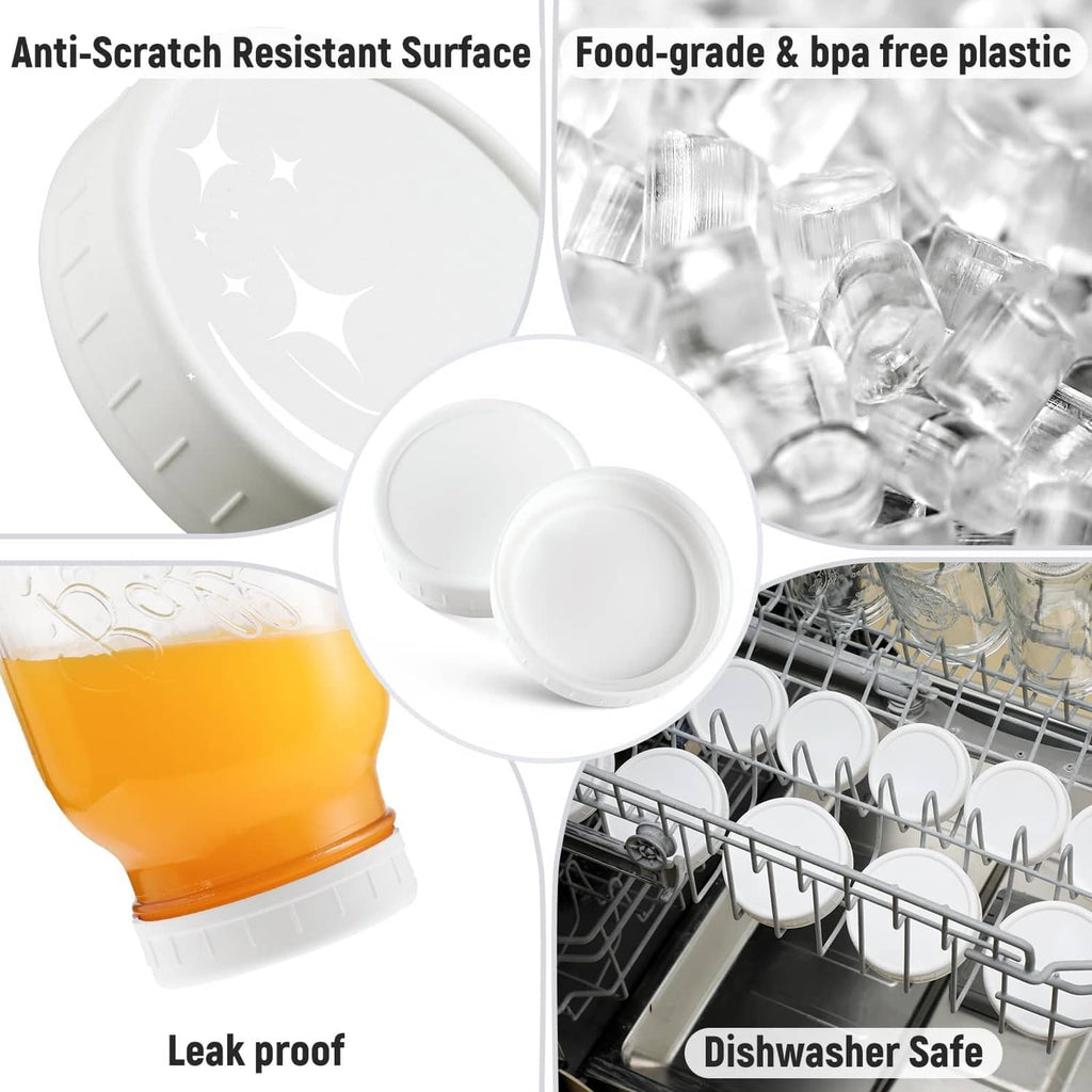 White wide-mouth mason jar lids with leak-proof, dishwasher-safe design