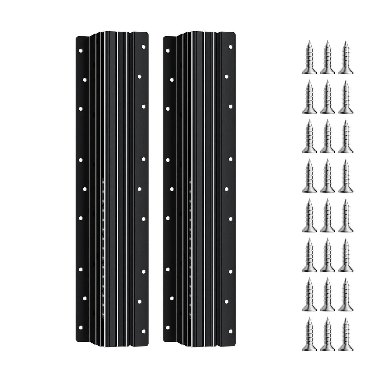 Black undermount drawer slide rails with multiple mounting holes, two-piece set.