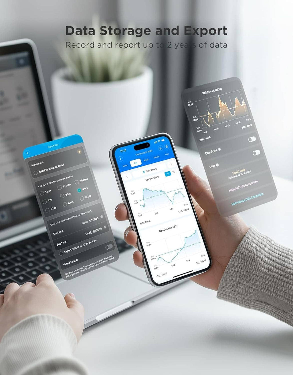 Sensor data export and report app screens on smartphones