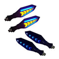 Arrow-shaped LED motorcycle turn indicator lights, black housings with blue and yellow glow
