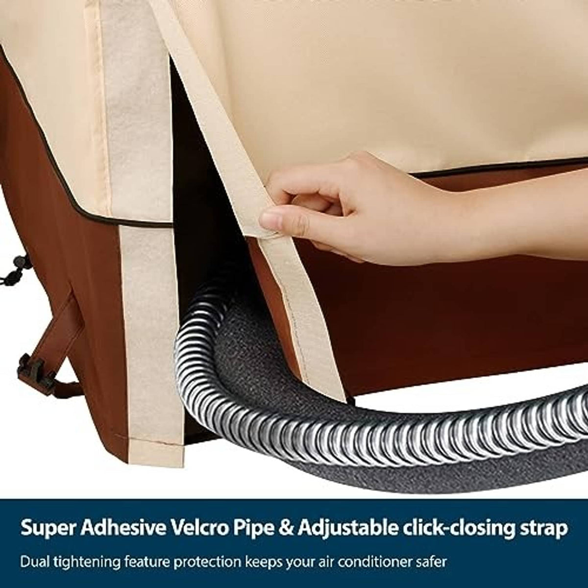 Outdoor AC unit cover corner showing adjustable hook-and-loop strap and zipper seam