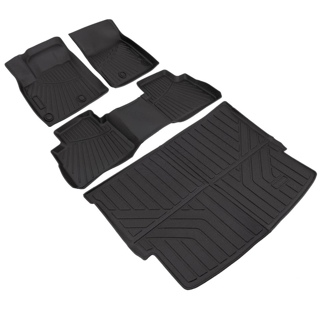 Black floor mat set with cargo liner featuring deep ridges and molded contours