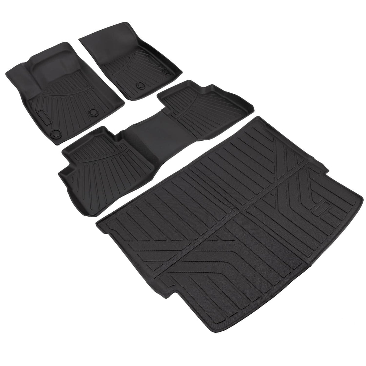 Black floor mat set with cargo liner featuring deep ridges and molded contours