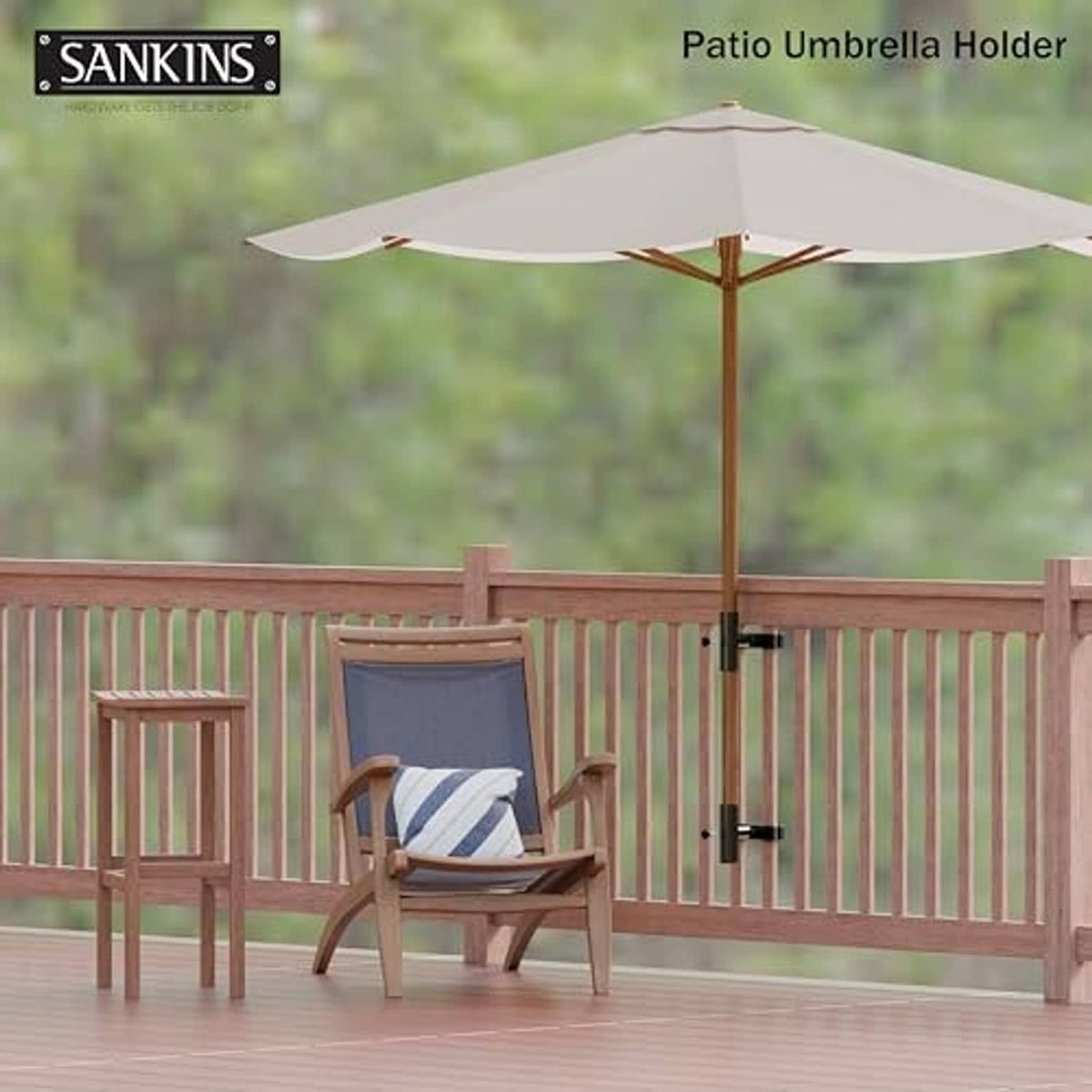 Patio umbrella holder mounted on deck railing with black clamp for umbrella pole