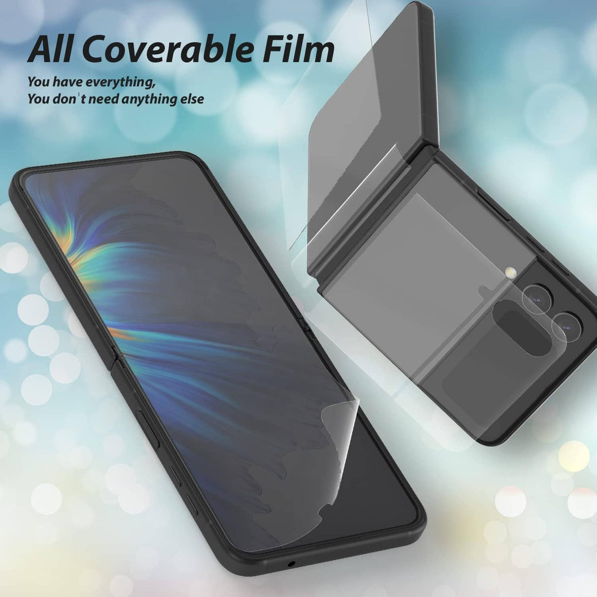 All-coverable film set for foldable phone showing outer display and camera area coverage