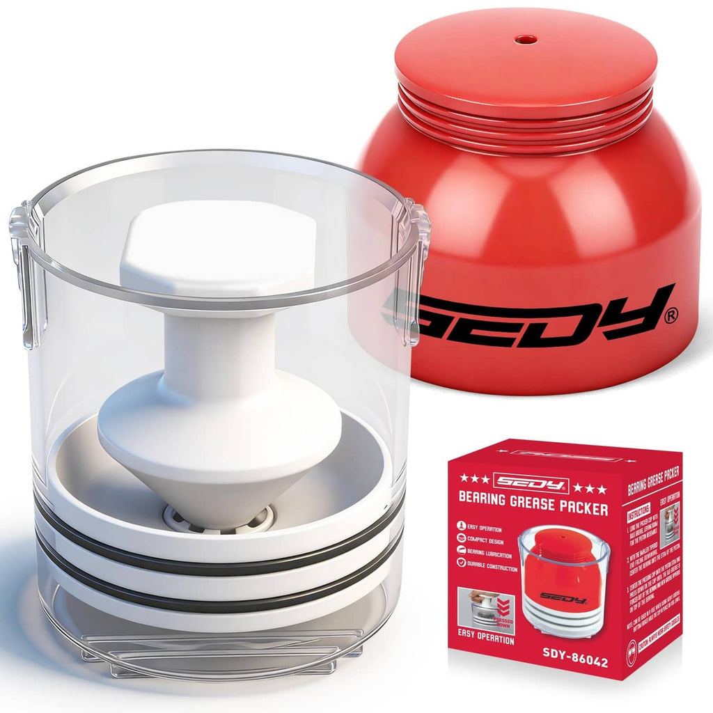 Bearing grease packer kit with clear cup, white piston, and red grease container