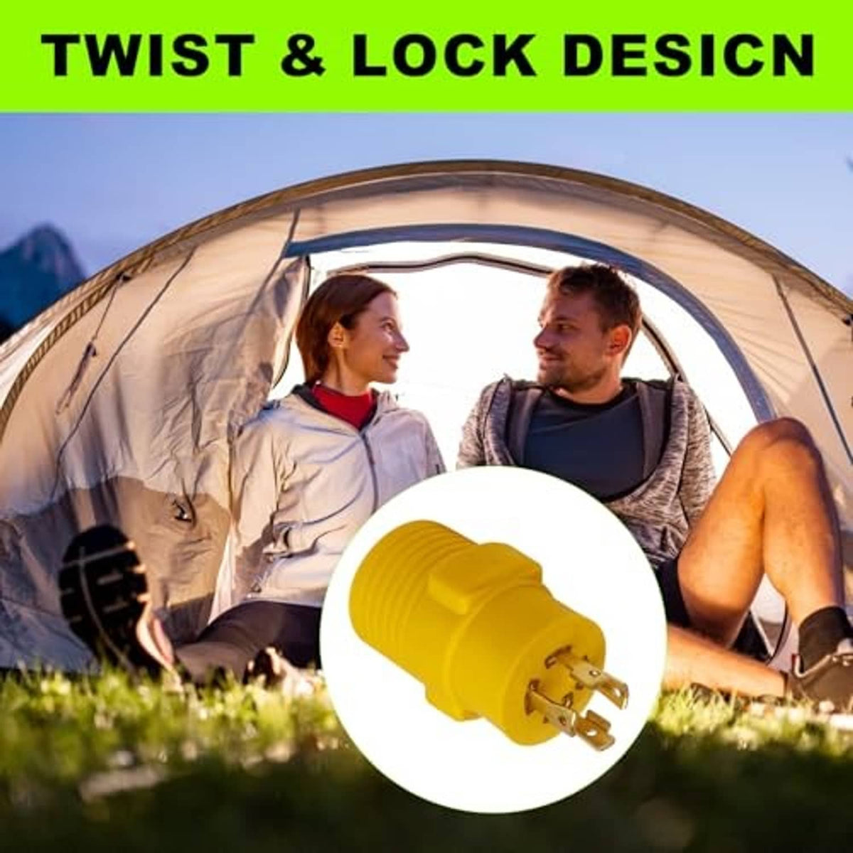 Yellow RV generator adapter plug, 4-prong male with twist-and-lock design