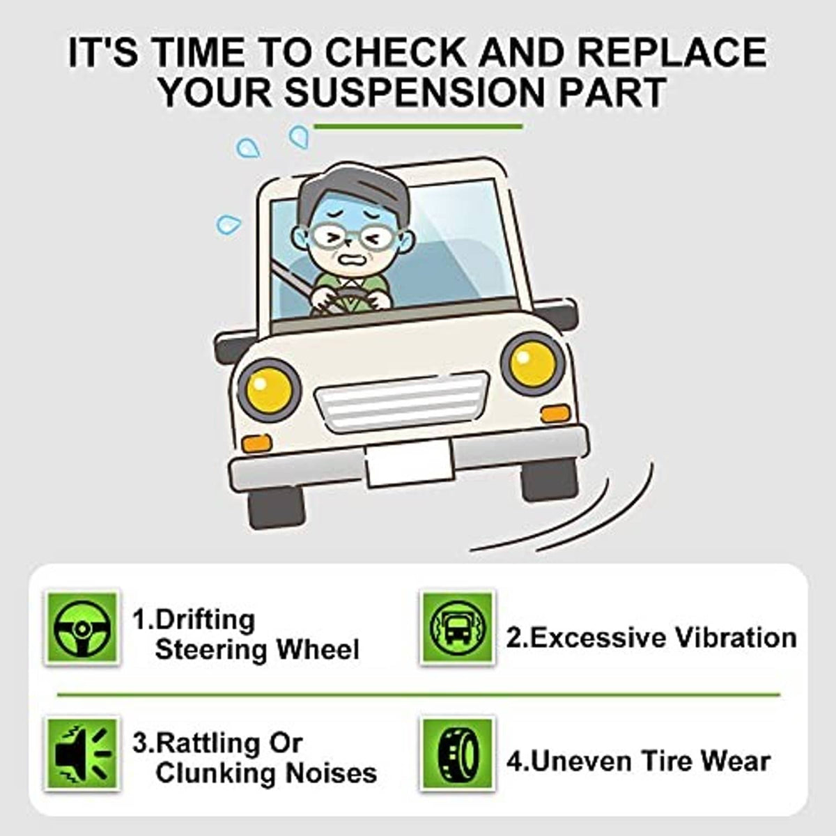 Front suspension replacement warning graphic with steering, vibration, and tire wear icons