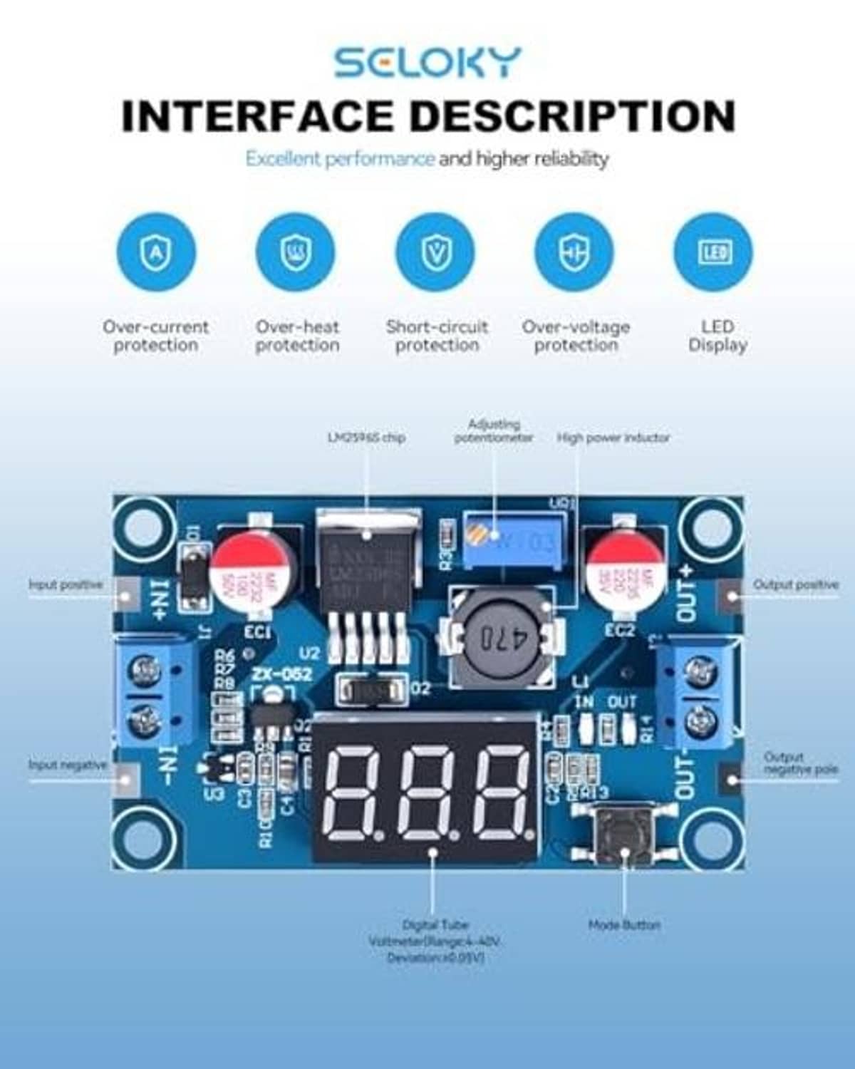 Blue LM2596 buck converter PCB with IC, 7-segment LED 0.00 display, and terminal pads